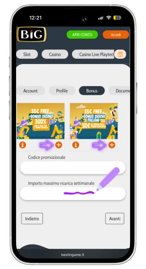 Selezione di un bonus di benvenuto